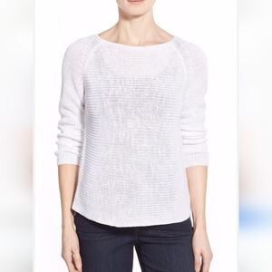 Eileen Fisher Bateau-Neck Organic Linen Open Knit Box Top Sweater Sz L Lagenlook